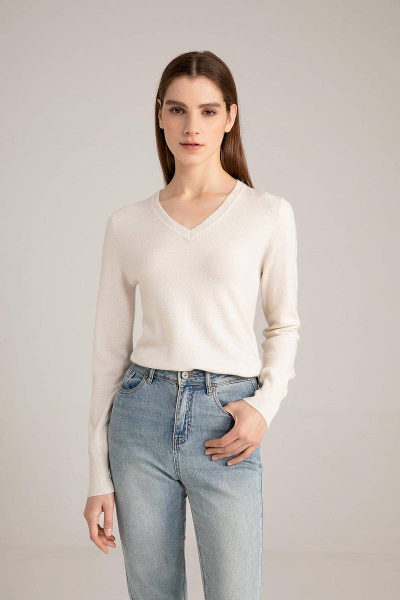 State Cashmere Womenâ€™s Essential V-Neck Sweater 100% Pure Cashmere Classic Long Sleeve Pullover (Undyed White, XX-Large) - Image 5